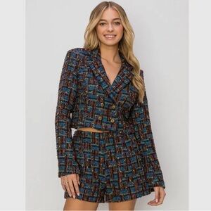 Multicolor Tweed Blazer and Shorts Set